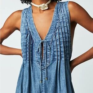 Free People Webster Sleeveless Washed Denim Pleated Romper - M